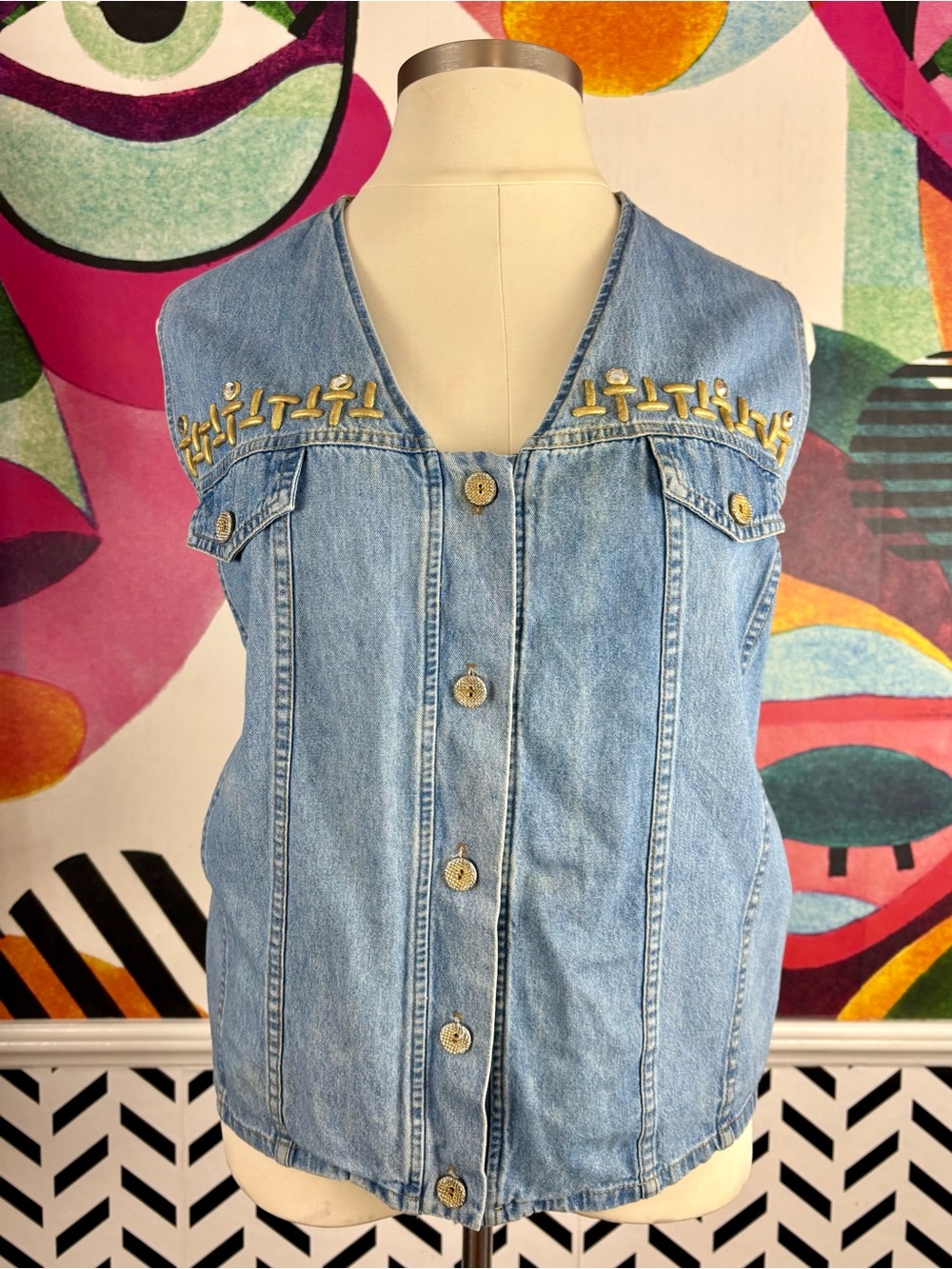 VTG 1990s Delta Burke Light Blue Denim Vest with Gold Embroidery